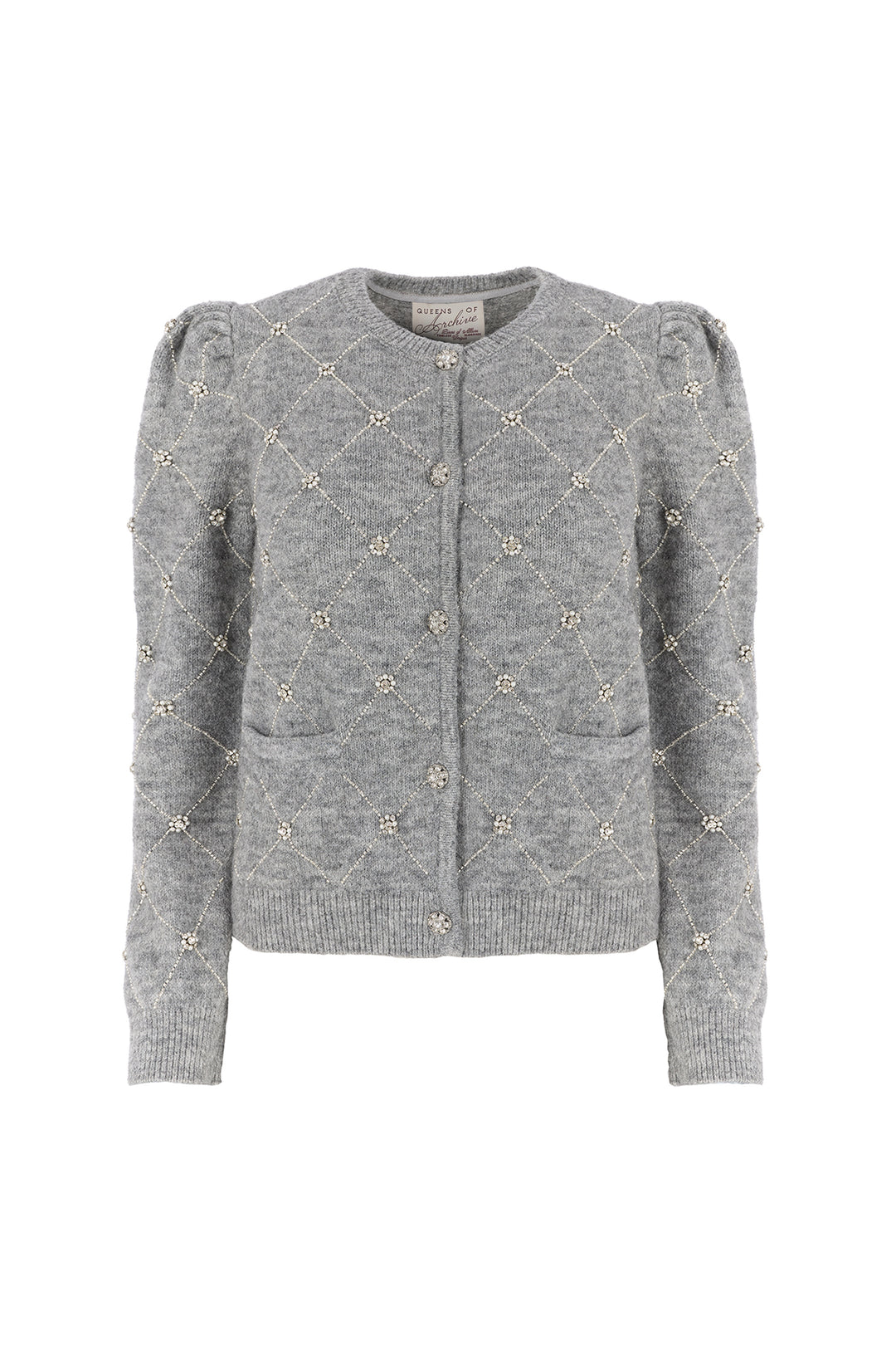 A light grey knit cardigan sweater with decorative embroidered details and puff sleeves, shown against a plain white background.