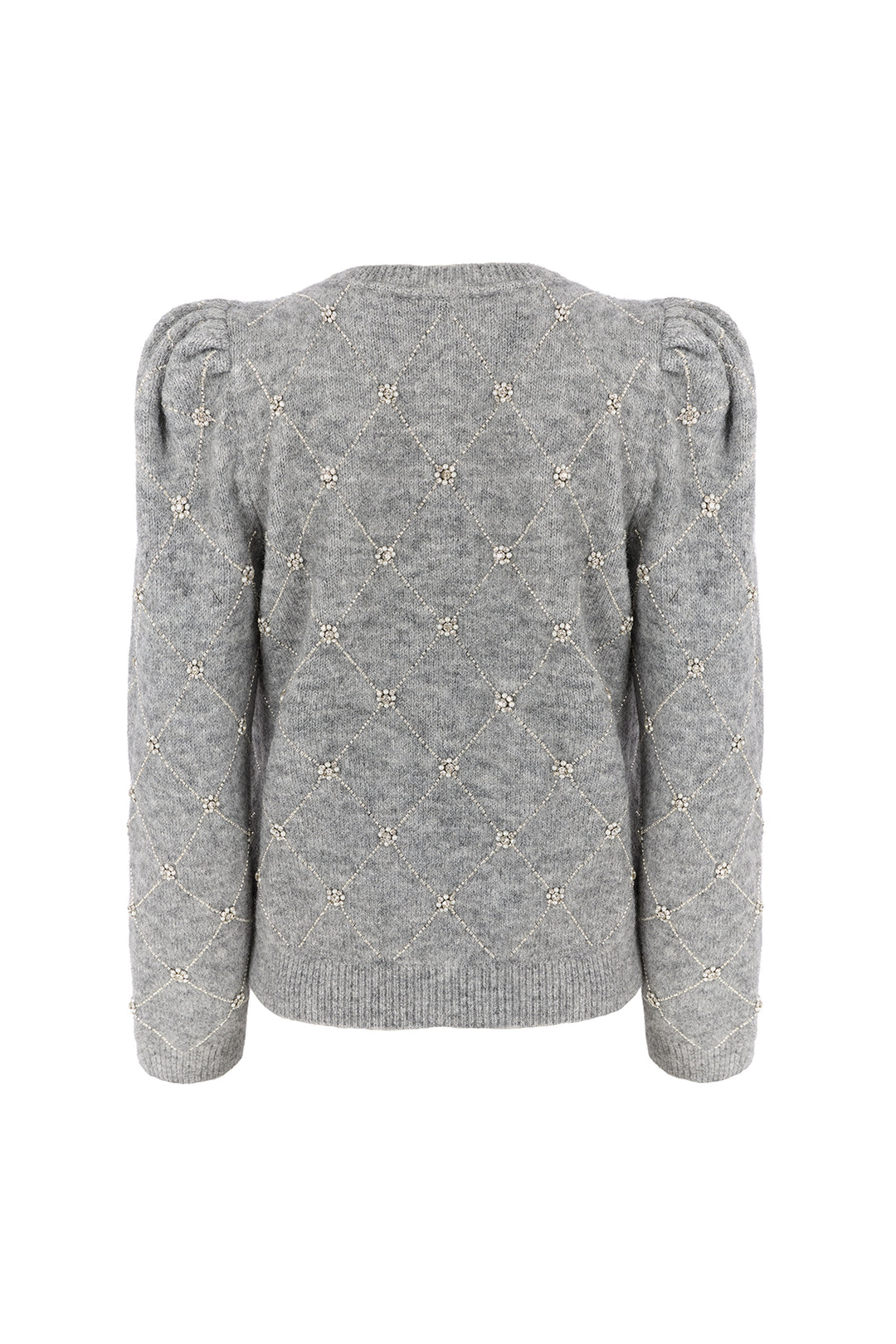 A light grey knit sweater with textured diamond patterns and puff sleeves, shown from the back on a white background.