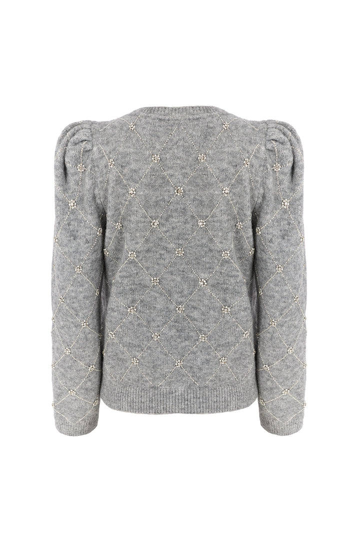 A light grey knit sweater with textured diamond patterns and puff sleeves, shown from the back on a white background.